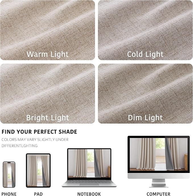 NICETOWN 100% Blackout Linen Curtains for Bedroom, W52 x L90 per Panel, Thermal Insulated & Privacy Living Room Curtains with Grey Liner, Linen Blend Draperies Farmhouse Style, 2 Panels, Natural