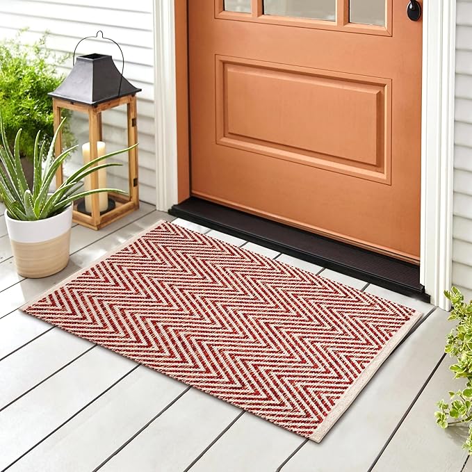 Cotton Chevron Hand Woven Area Rug 2x3 Feet - Red, Accent Soft Decorative Reversible Floor Throw Carpet Ideal for Entryway, Kitchen, Nursery | Small Durable Farmhouse Washable Home Space Décor Mat