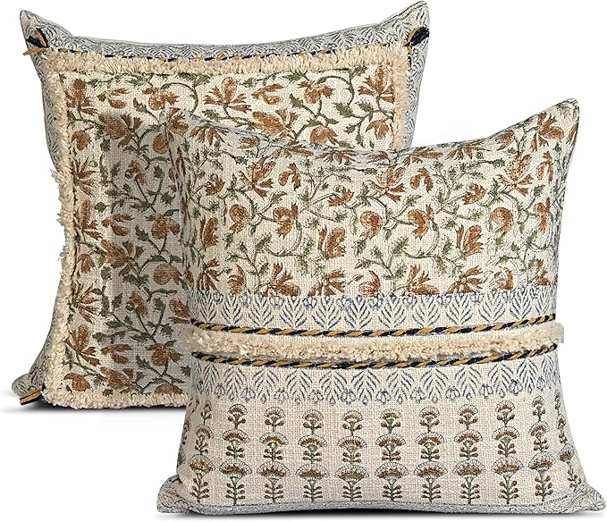 Ridhi Amber Fern Garden Block Print Cotton Handmade TNT Cushion Cover 18x18 Inch Decorative Throw Pillow Cover for Sofa, Living Room, Bedroom Decor, Soft, Cushion Case for Spring, Easter