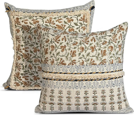 Ridhi Amber Fern Garden Block Print Cotton Handmade TNT Cushion Cover 18x18 Inch Decorative Throw Pillow Cover for Sofa, Living Room, Bedroom Decor, Soft, Cushion Case for Spring, Easter
