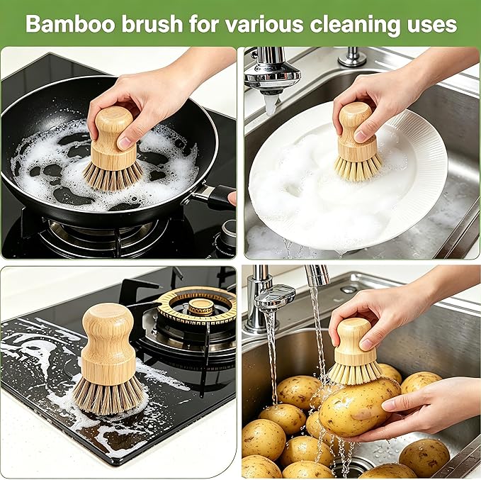 Bamboo Dish Brush Set with Palm and Sisal Bristles, 4 Pcs Natural Bamboo Dish Scrubber Brush for Kitchen Cleaning, Pots, Pans, Vegetables, Fruit