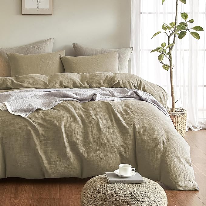 SE SOFTEXLY Muslin Duvet Cover Queen Size, 100% Washed Cotton Duvet Cover Set, Ultra Soft Comforter Cover Linen Like, 3 Pieces Minimalist Gauze Duvet Cover with 2 Pillowcases, 68"x90", Oatmeal