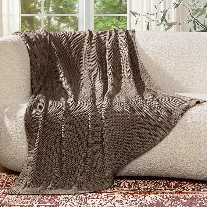 100% Cotton Cable Knit Throw Blanket, Large Lightweight Soft Knit Blanket for Sofa Couch Bed, Breathable All-Season Throw, Cozy Decorative Blanket, 60 x 80 Inch,Taupe