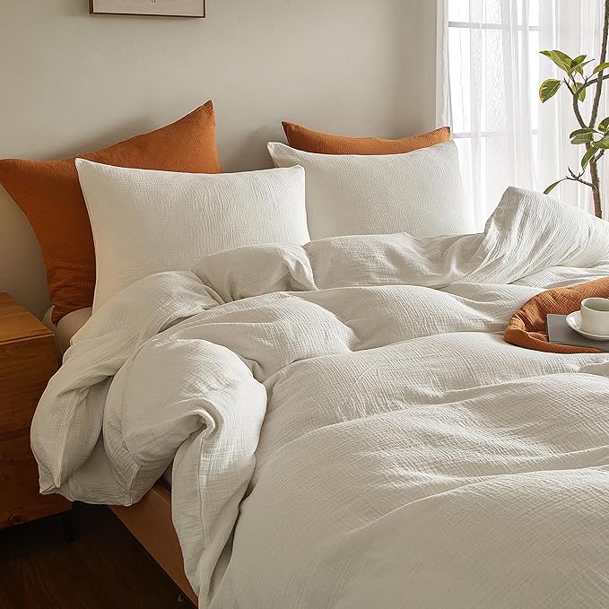 SE SOFTEXLY Muslin Duvet Cover California King Size, 100% Washed Cotton Duvet Cover Set, Ultra Soft Comforter Cover Linen Like, 3 Pieces Gauze Duvet Cover with 2 Pillowcases, 98"x104", White