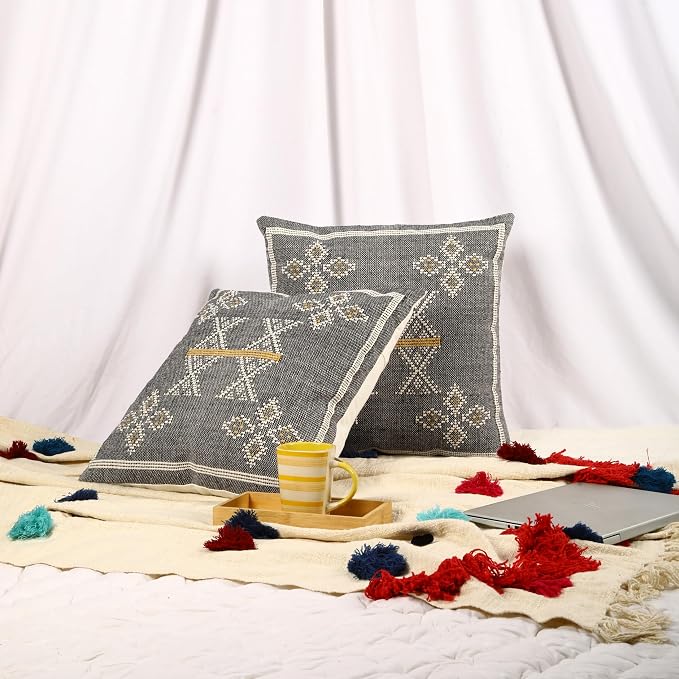 Trade Star 100% Cotton Cushion Covers Set of 2 Throw Pillow Cover Handloomed Decorative Cushion case Handwoven Pillowcase 18x18 Inches Designer Square Pillow Shams