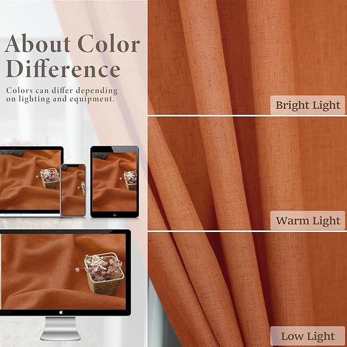 Burnt Orange Curtains 108 Inches Long for Living Room Dining 2 Panels Back Tab Pocket Drape Light Filtering Semi Sheer Linen Curtains for Bedroom Patio Door Autumn Neutral Earth Tone Decor Rust 52x108