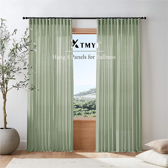 XTMYI Sage Green Country Curtains for Living Room,Sheer Linen Curtains for Bedroom 84 Inches Long,70 Inches Wide