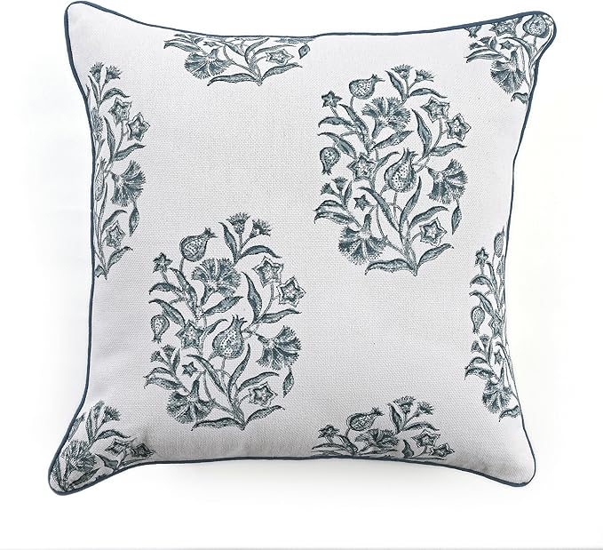 CPC Indigo Blue Block Print Throw Cushion Cover 24 x 24 Inch Set 2 - Decorative Boho Floral Pillow Case for Living Room, Bed, Sofa, Couch, Home Decor Cushion Cover Gift for Spring, Mother's Day