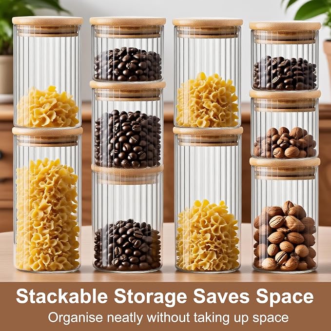 Glass Jars with Lids - Clear Kitchen Food Canisters - Stacable Glass Jars with Bamboo Lids - Airtight Canister Set for Pasta,Spaghetti,Coffee,Beans