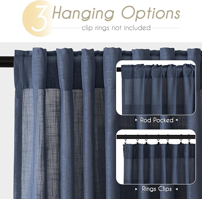 Navy Blue Curtains 120 inch Length for Bedroom Back Tab Light Filtering Semi Sheer Blue Living Room Curtains Linen Cotton Textured Indigo Blue Drapery Panel Modern Aesthetic Decor 60" Wx120" L