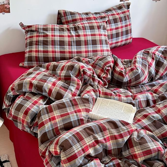 mixinni Vintage Red & Brown Buffalo Plaid Duvet Cover Set King Size - 3 Piece Washed Cotton Bedding Set with Classic Checkered Pattern, Cozy Farmhouse Duvet Cover with Pillowcases for All Seasons