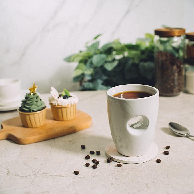 Full Handwarmer Mug 12oz, Central Grip To Comfy Warm Your Hands & Fingers While Drinking Your Favorite Hot Drink, Hand Warmer Cup, Ceramic and Hand Painted - Finger Insert Holds Warmth Gift (White)