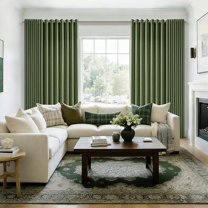 Linen Curtains Extra Wide 100 Inch Olive Green Room Divider Semi Sheer 96 Inch Length Patio Sliding Door Curtains Large Window Curtains Grommet Farmhouse Curtains for Bedroom 1 Panel