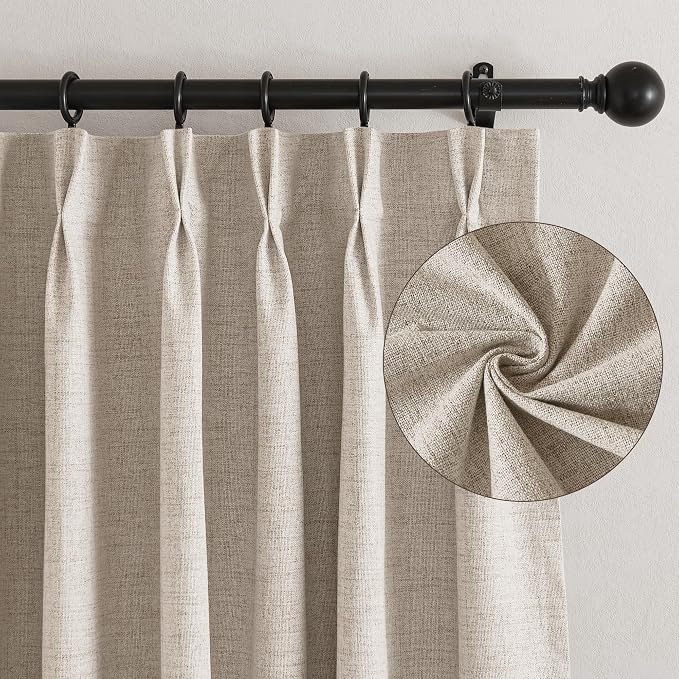 RYB HOME Pinch Pleated Full Blackout Curtains Linen Blended Window Curtains 96 inches for Living Room Bedroom Home Office Privacy Thermal Insulated Drapes, W 42 x L 96 inch, Beige, 2 Panels