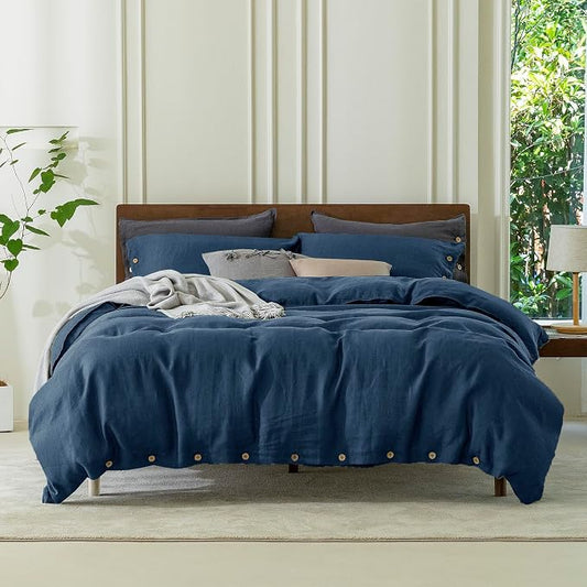 EVERLY100% Pure Linen Duvet Cover Set Queen Size90X90Inch 3pcs (1 Duvet Cover,2 Pillowcases) Soft and Breathable for All Season with Coconut Button Closure, Suitable for Hot Sleepers-Navy Blue