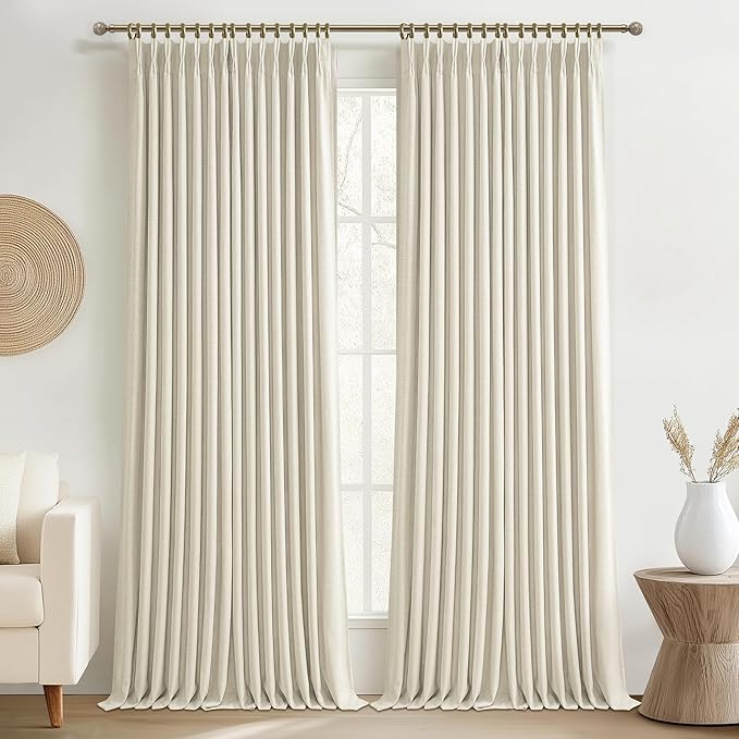PleatedDrapes 132 Inch Extra Long Cream High Ceiling Curtains for Living Room 2 Panels Set, Memory Shape Pinch Pleat Blackout Thermal Dual Layer Linen Noise Cancelling Privacy Decorative Window Drapes