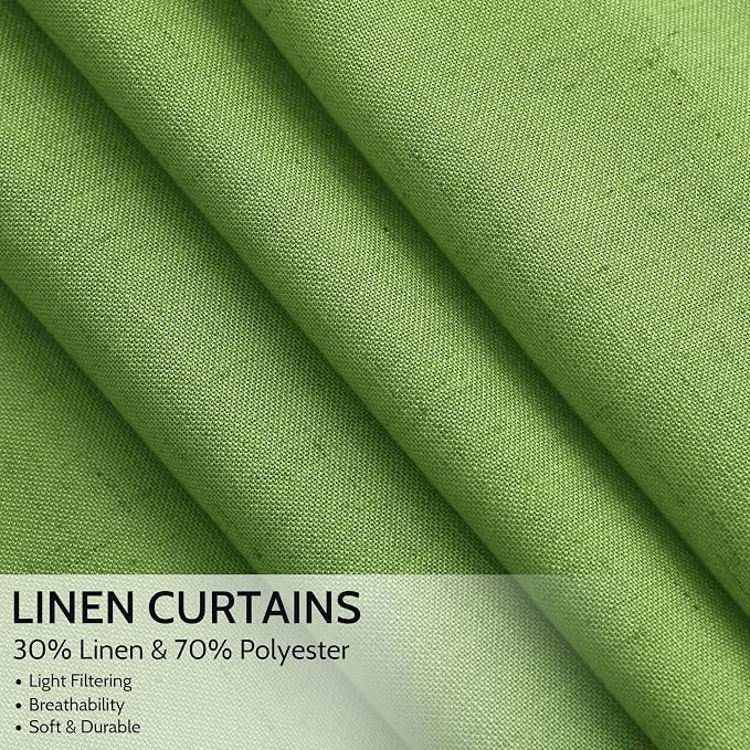 Lime Green Linen Curtains 90 Inch Long 2 Panels Set for Bedroom Living Room, Soft Linen Textured Window Drapes Semi Sheer Light Filtering Rod Pocket Back Tab Morden Style 52x90