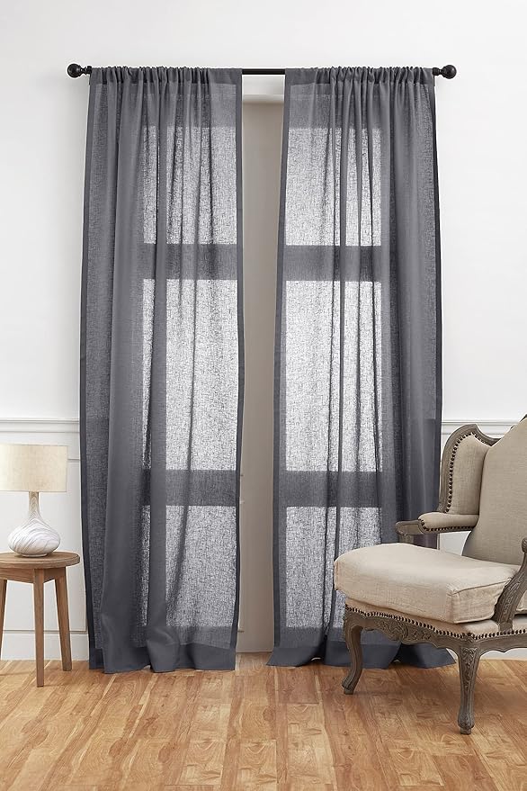 Solino Home European Flax Linen Sheer Curtain 144 Inches Long, 100% Pure Linen Charcoal 52 x 144 Inch Long Light Filtering Rod Pocket Window Curtains Panel for Living Room, Bedroom - 1 Panel