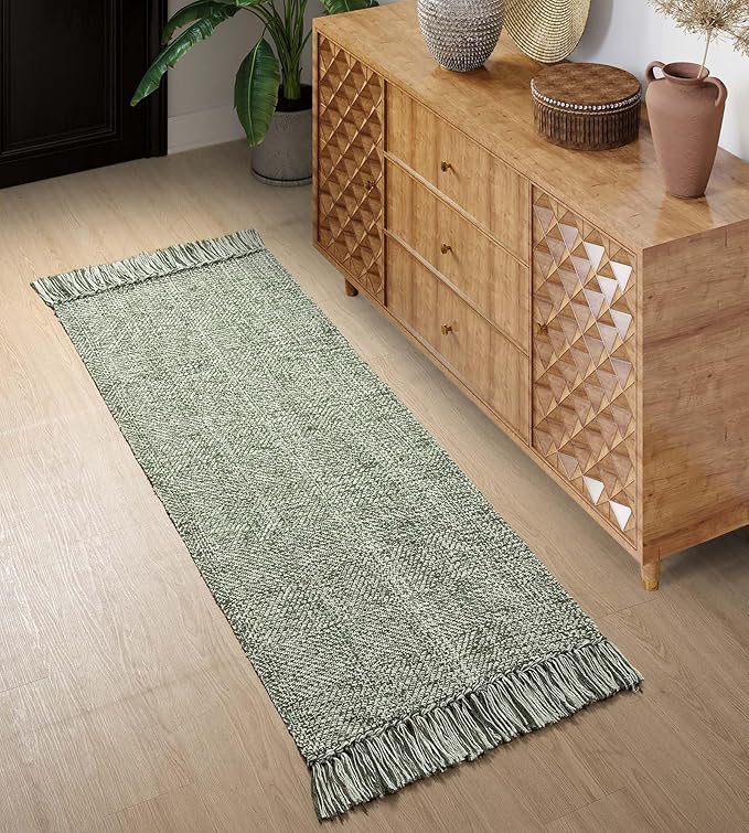 Collive Hallway Runner Rug, 2' x 5' Soft Washable Kitchen Runner Rug, Olive Green/Cream Contemporary Modern Laundry Room Rugs Indoor Hand-Woven Cotton Carpet for Bedroom Entryway Front Door Farmhouse