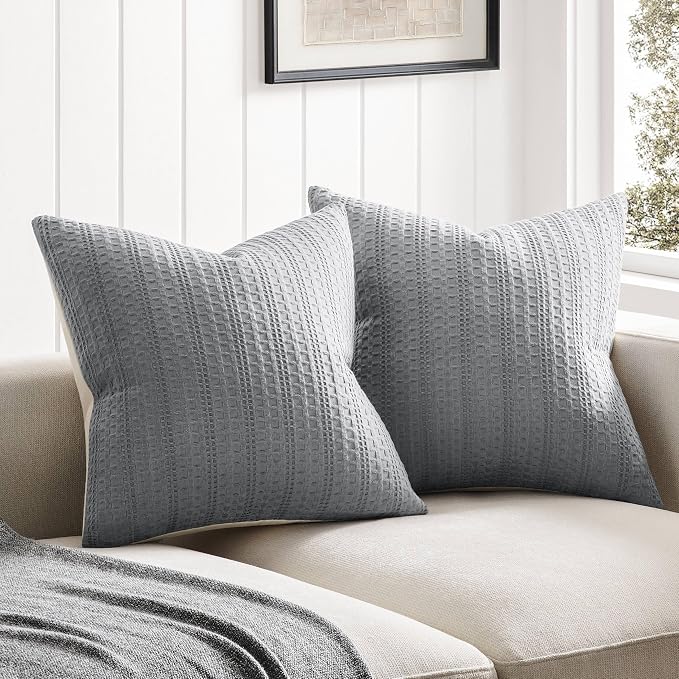 ZeeMart 100% Cotton Waffle Textured Throw Pillow Covers Set of 2, 22x22 Inch Blue Ashes, Soft Farmhouse Decorative Couch Pillow Cases Dusty Blue Cushion Covers for Sofa Bed Living Room Home Decor