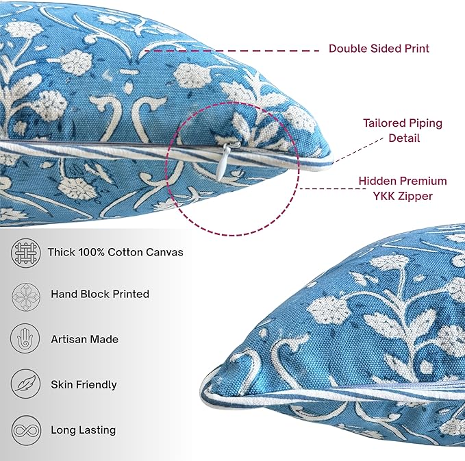 ATOSII Block Print Throw Pillow Covers, 24" X 24" - Set of 2, Decorative Couch Pillows for Living Room Bed Sofa, 100% Cotton Canvas Pillow Case for Home Decor & Outdoors, Preppy Throws - Maya Blue