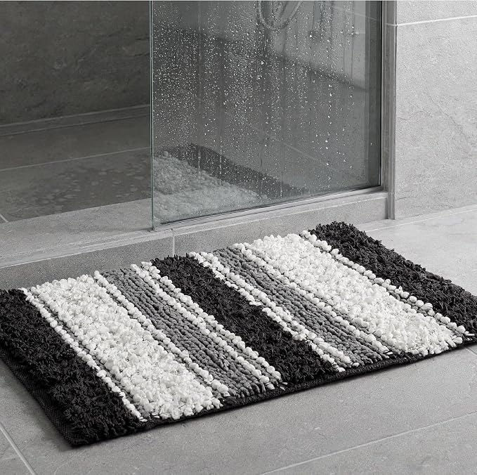 Chenille Cotton Bath Rug 20x32 Inch - Charcoal, Non-Slip Absorbent Quick Dry Floor Mat Ideal for Bathroom, Kitchen, Laundry Room | Grey Washable Accent Soft Shaggy Throw Door Mats for Entryway, Patio
