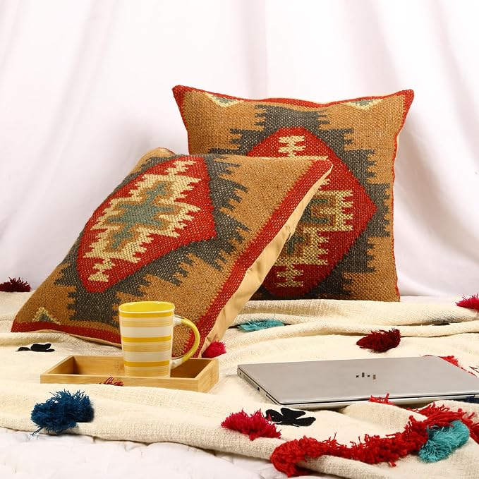 Trade Star Set of 2 Throw Pillow Covers Handloomed Rug Decorative Cushion case 70% Jute 30% Wool Desinger Handwoven Pillowcase Kilim Cushion Covers 18x18 Inches (Kilim 13)