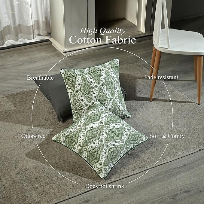 CPC Laurel Green Block Print Throw Cushion Cover 18 x 18 Inch Set 2 - Decorative Boho Floral Pillow Case for Living Room, Bed, Sofa, Couch, Home Decor Cushion Cover Gift for Spring, Mother's Day