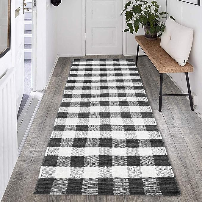 GLAMBURG Cotton Reversible Area Runner Rug 2' x 6' for Bedroom Living Room Kitchen Hallways Front Porch Laundry Room, Handwoven Farmhouse Floor Mat, Washable Checkered Plaid Runner Rug Black White