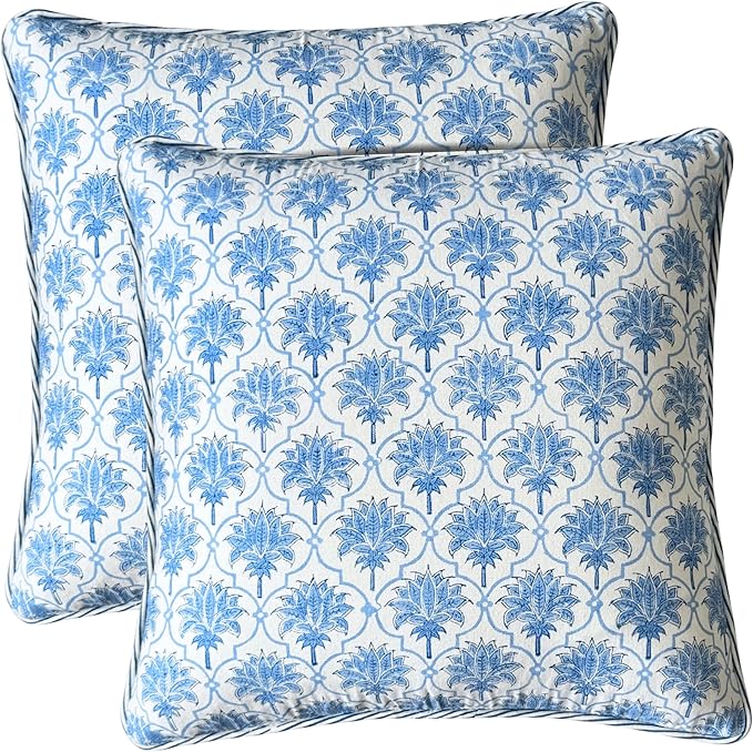 ATOSII Block Print Throw Pillow Covers, 20 X 20 - Set of 2, Decorative Couch Pillows for Living Room Bed Sofa, 100% Cotton Canvas Pillow Case for Home Decor & Outdoors, Preppy Throws - Padma Blue