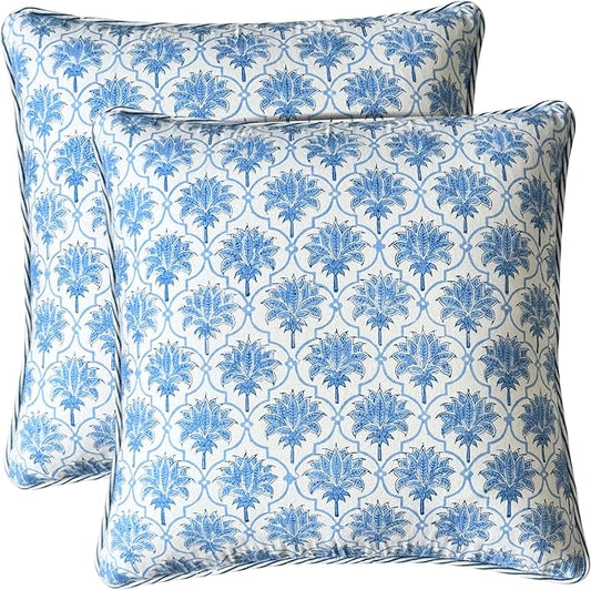 ATOSII Block Print Throw Pillow Covers, 20 X 20 - Set of 2, Decorative Couch Pillows for Living Room Bed Sofa, 100% Cotton Canvas Pillow Case for Home Decor & Outdoors, Preppy Throws - Padma Blue