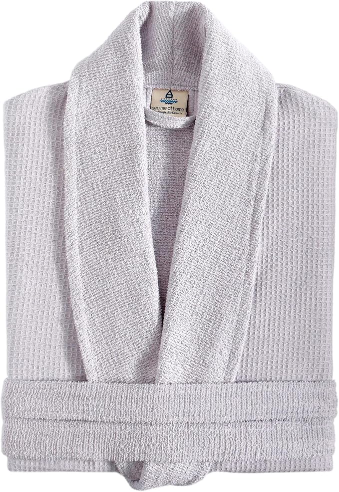 sea me at home Turkish Cotton Waffle Bathrobe, Luxury Spa Hotel Shawl Collar Robe for Women & Men, Plush Terry Inside