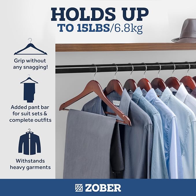 ZOBER Black Wooden Hangers - Heavy Duty, Non Slip Wood Hangers for Coats, Jackets, Suits, & Pants - Coat Hangers for Closet W/Bar and Notches 20 Pack