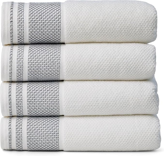 Texere 100% Organic Cotton Rice Weave Jacquard 700 GSM Luxury Bath Towel Sets - 4 Large Bath Towels (Rice Weave, BRT Wht w/Blk, 4 Bath Towels)