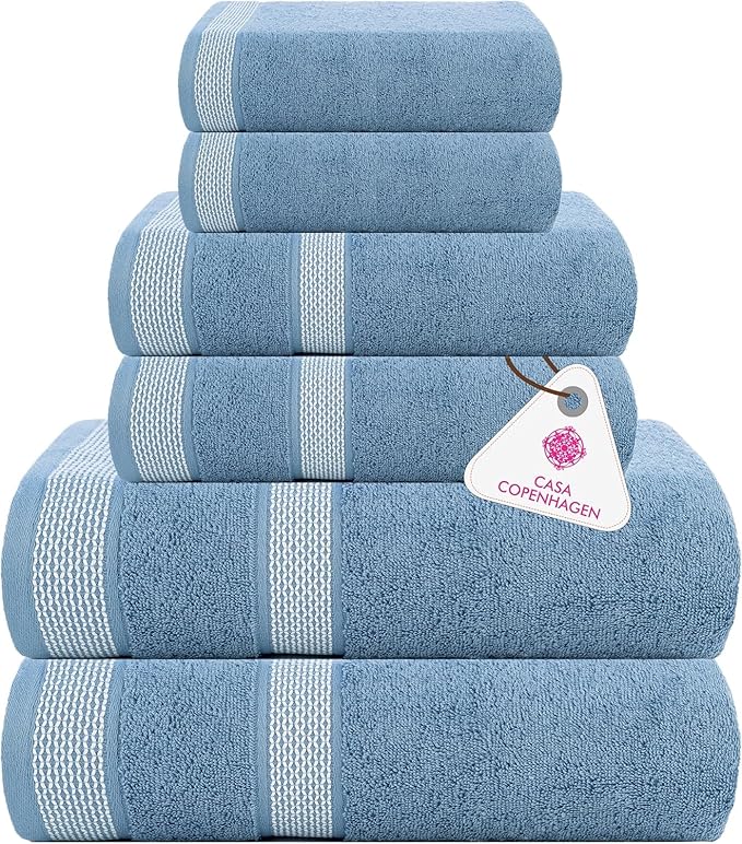 CASA COPENHAGEN Solitaire 6Pcs 100% Egyptian Cotton Large Designer Towels Gift Set- Powder Blue, 600GSM, 2Bath 2Hand 2Washcloths, Bath Towels for Bathroom Set for Women & Men