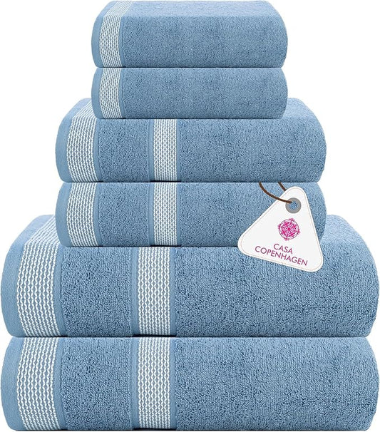 CASA COPENHAGEN Solitaire 6Pcs 100% Egyptian Cotton Large Designer Towels Gift Set- Powder Blue, 600GSM, 2Bath 2Hand 2Washcloths, Bath Towels for Bathroom Set for Women & Men