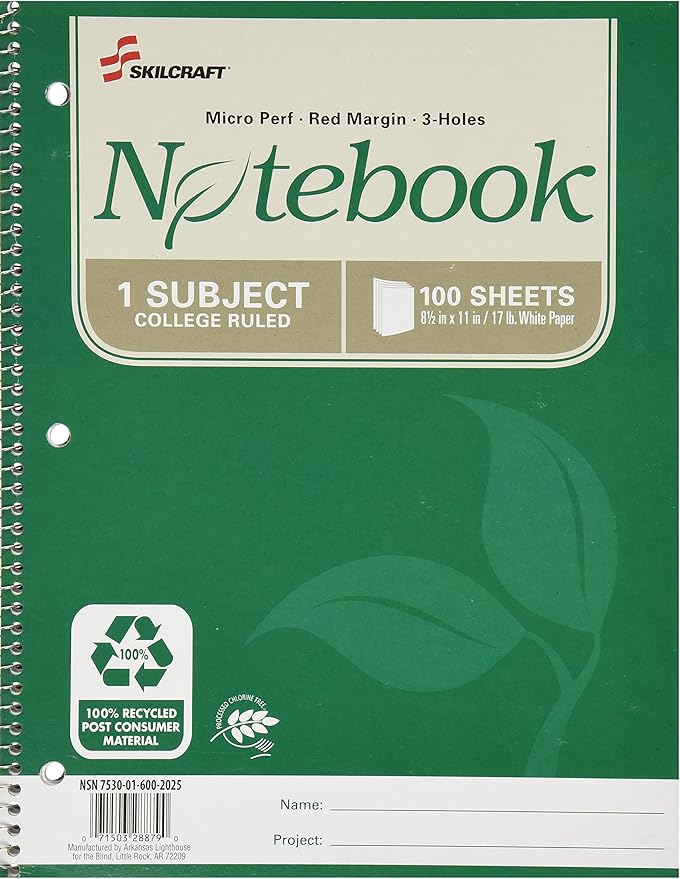 SKILCRAFT 7530-01-600-2025 100 Percent Recycled PCW Single-Subject Spiral Notebook, 8-1/2 x 11 Inch, 100 Sheets (Pack of 3)
