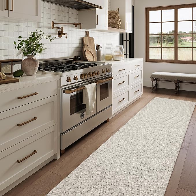 Collive Long Rug Runners for Hallways 12ft, Washable Farmhouse Bedroom Carpet Tan Non Slip Kitchen Runner Rugs, Low-Profile Braided Woven Entryway Carpets for Bathroom Front Door