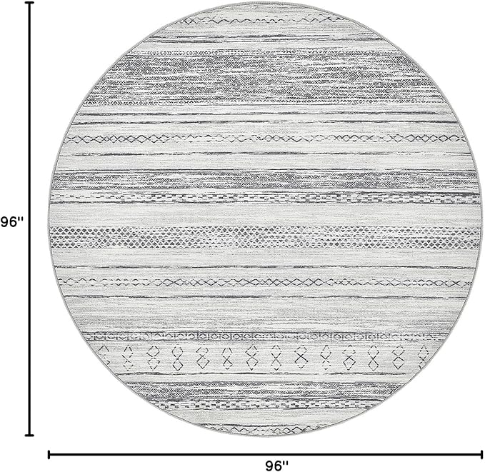 Tortania 8' Round Area Rug Living Room Rugs - Washable Large Soft Neutral Boho Moroccan Bohemian Farmhouse Rug Indoor Floor Carpet for Bedroom Under Dining Table Home Office Decor - Grey