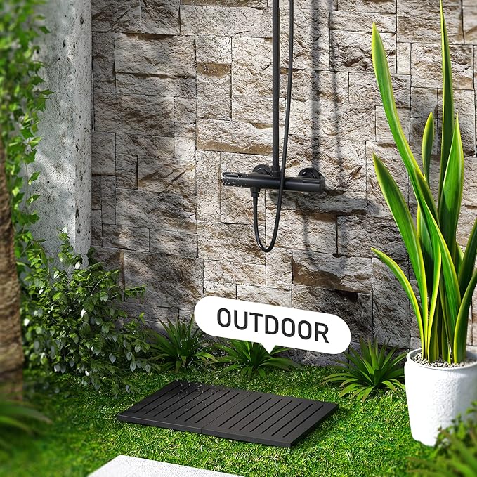 Waterproof Black Bamboo Bath Mat for Shower, Foldable | Non-Slip | Heavy Duty, Wooden Bath Mat, Floor Mat and Doormat for Indoor Outdoor
