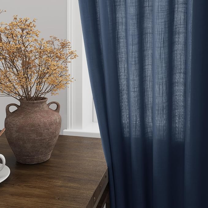 Extra Long Denim Blue Linen Curtains 120 Inch for Living Room 2 Panels Set Rod Pocket Back Tab Linen Window Drapes Semi Sheer Light Filtering Privacy High Ceiling Drapes for Farmhouse 52x120