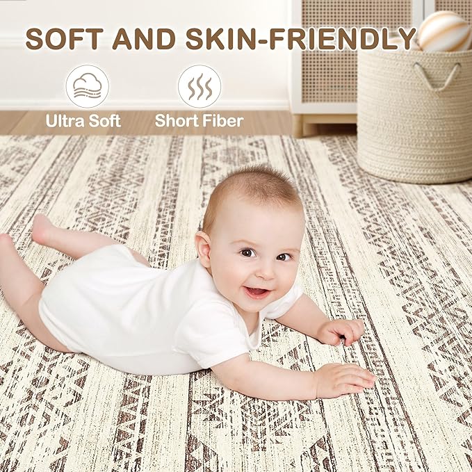 Tortania Area Rug Living Room Rugs - 7x9 Washable Large Soft Neutral Boho Moroccan Bohemian Farmhouse Rug Indoor Floor Carpet for Bedroom Under Dining Table Home Office Decor - Brown