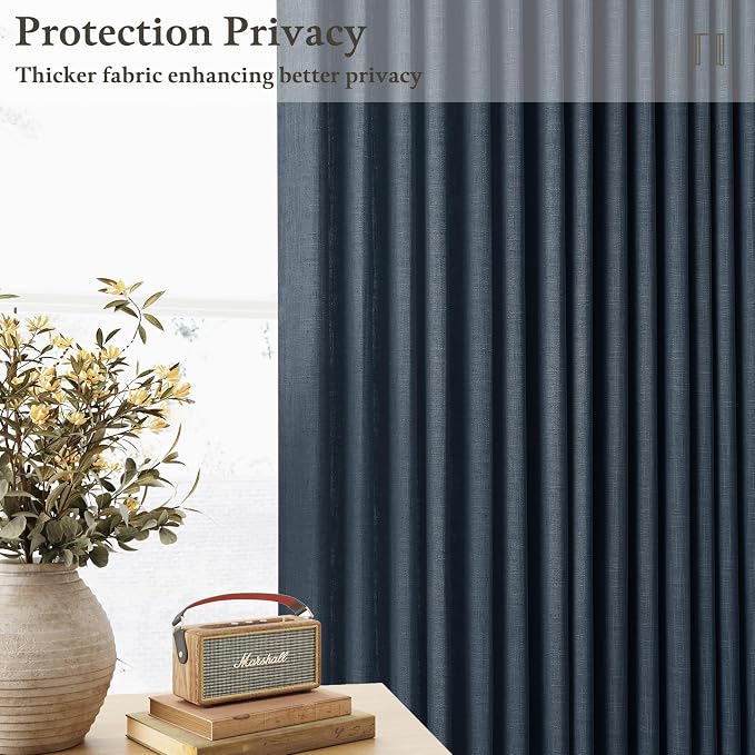 90 Inch Navy Pinch Pleated Linen Curtains 2 Panels Set for Living Room Bedroom Modern Memory Trained Semi Sheer Light Filtering Window Drapes with Hooks & Rings for Dining Room 50x90 Dark Blue Indigo