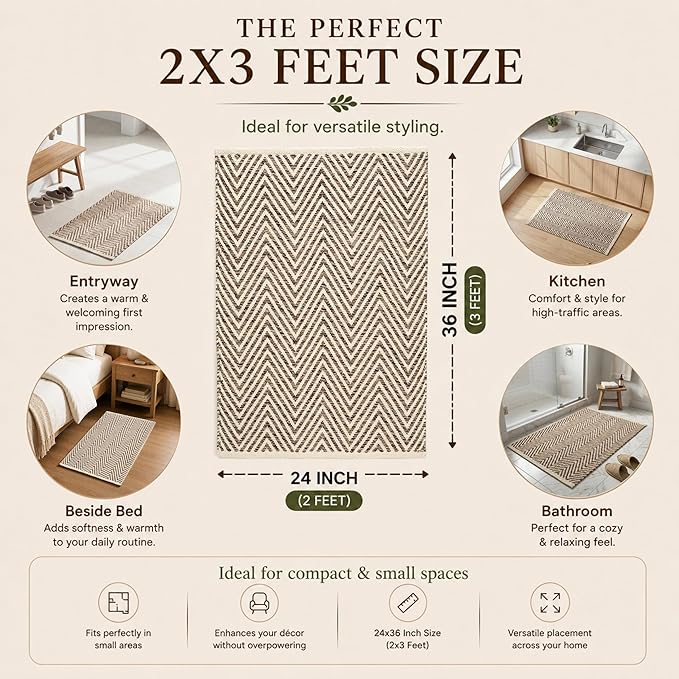 Cotton Chevron Hand Woven Area Rug 2x3 Feet - Beige, Farmhouse Decorative Floor Small Rugs Ideal for Entryway, Kitchen, Bedroom | Linen Washable Neutral Geomatric Reversible Front Door Patio Mats