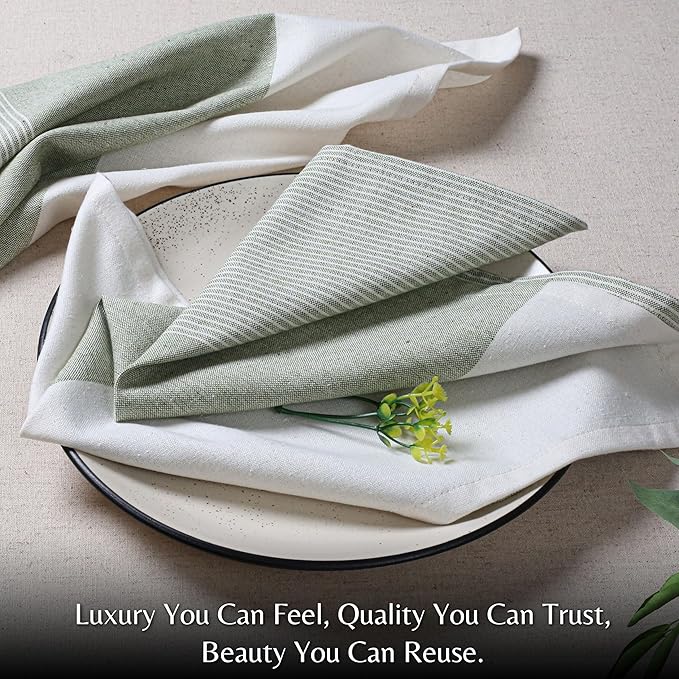 Ramanta Home Cloth Napkins Set of 12 18x18 Inches - Spring Basket Decor Block Striped Dinner Napkins for Easter Farmhouse Wedding, Washable Soft Cotton Durable Table Linen for Everyday Use - Green