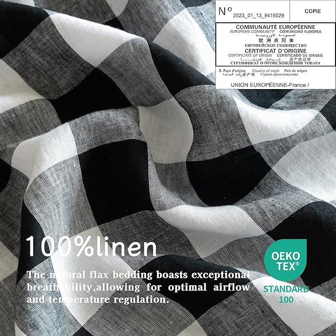 EVERLY Linen Sheets Set King Size,100% French Stonewash Pure Linen Bed Sheets,4Pieces (1Flat Sheet,1Fitted Sheet,2Pillowcase) Suitable for Hot Sleepers,Deep Pocket Natural Bedding Set-Black Plaid