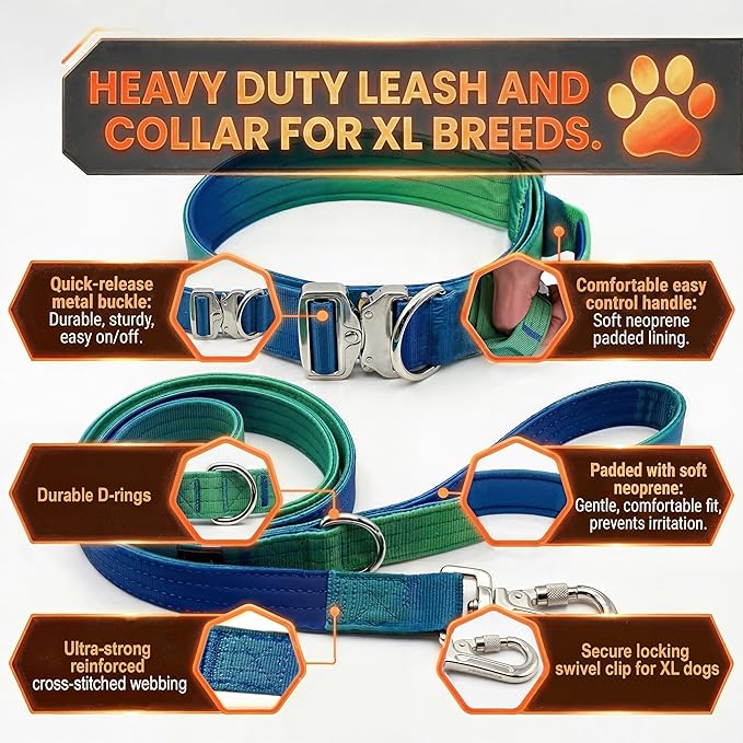 Haminway Ocean Wave Tactical Dog Collar and Leash Set – Heavy Duty Nylon, Metal Buckle, Padded Handle, Gradient Color Design – Durable for Large Dogs, Training & Outdoor Walking (L Size)