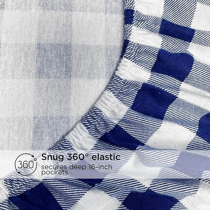 Briarwood Home Printed Flannel Sheet Set, 100% Natural Cotton, Soft, Warm & Deep Pocket, Advanced Nano-Tech Resistance to Pilling, Brushed 6 Times for Softness, Buffalo Navy Blue, King, 4 Piece