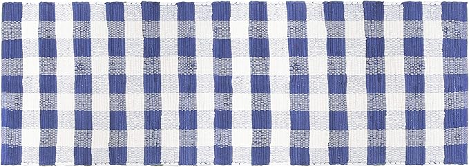 GLAMBURG Cotton Reversible Area Runner Rug 2' x 6' for Bedroom Living Room Kitchen Hallways Front Porch Laundry Room, Handwoven Farmhouse Floor Mat, Washable Checkered Plaid Runner Rug Blue White