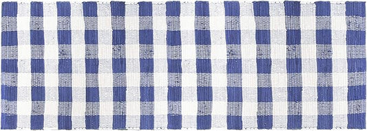 GLAMBURG Cotton Reversible Area Runner Rug 2' x 6' for Bedroom Living Room Kitchen Hallways Front Porch Laundry Room, Handwoven Farmhouse Floor Mat, Washable Checkered Plaid Runner Rug Blue White